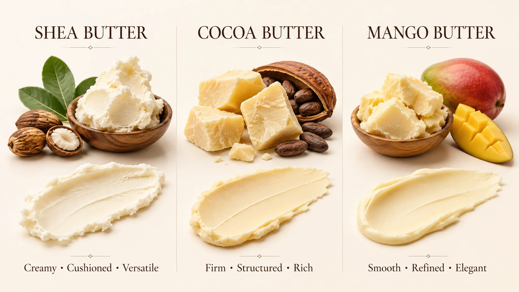 Shea cocoa and mango butter texture and formulation comparison Shea cocoa and mango butter texture and formulation comparison